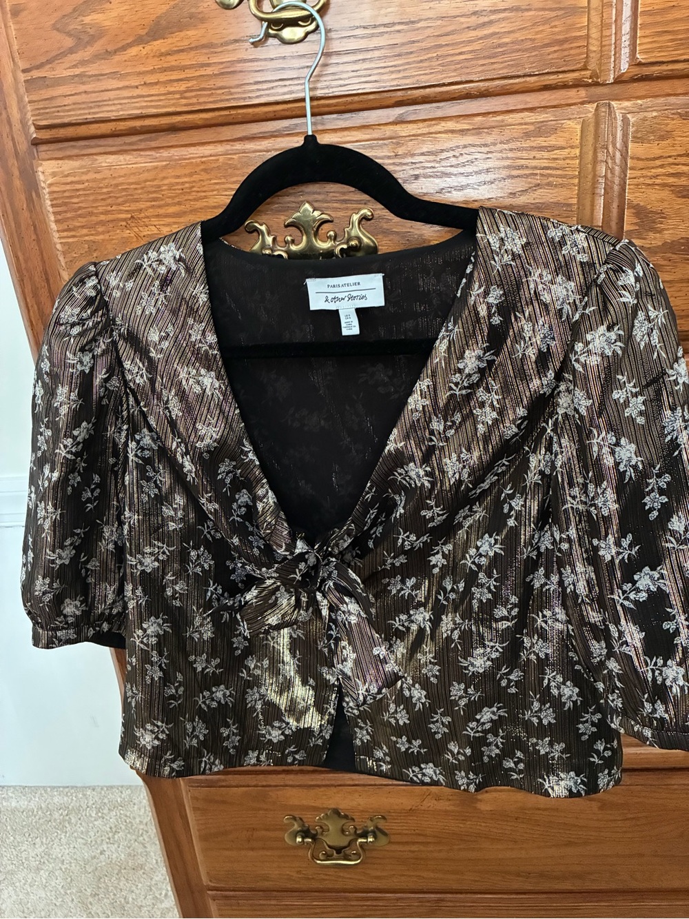 & Other Stories Gold Floral Tie-Front Puff Sleeve Top Size 8